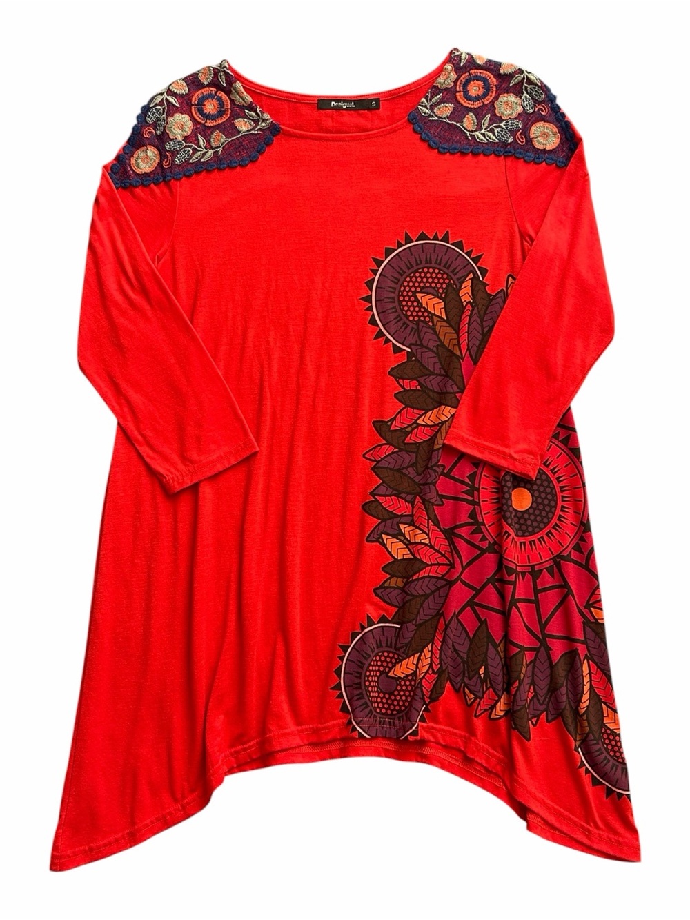 Desigual Red Boho Tunic Top Small Embroidered Asymmetrical Mandala Long Sleeve